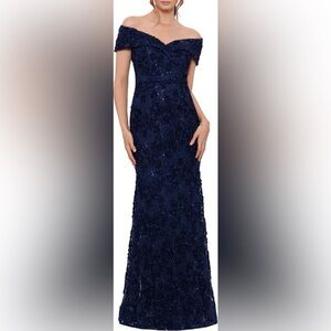 Xscape Navy Blue Rosette Sequin Lace Mermaid Off Shoulder Prom Gown Size 4